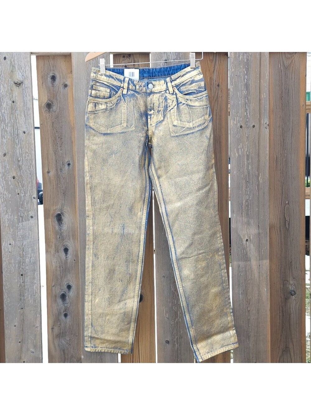 MONKL Gold Wash Denim Jeans Size 25 BNWT Metallic Jeans Distressed Organic Cotto